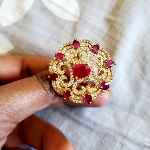 Gold Plated with Ruby and Cubic Zirconia Ring - Picture 3 of 5